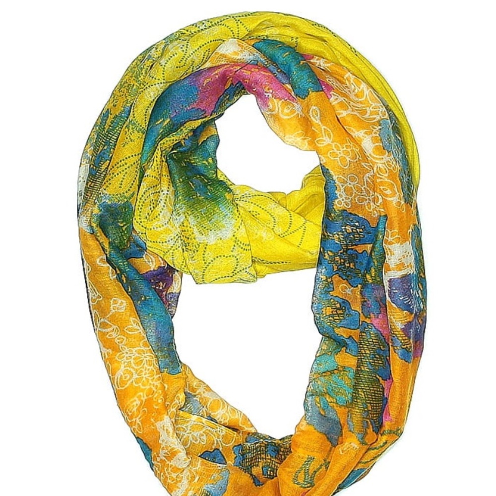Yellow and Blue Infinity Scarf with Artistic Print